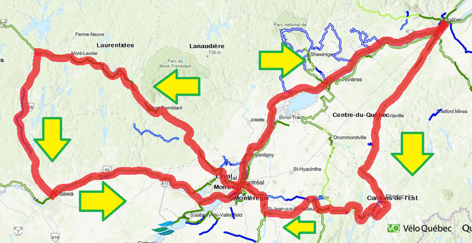 Carte du tour du sud du Québec