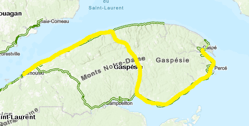 Carte avec le tracé de Rimouski à Rivière-au-Renard