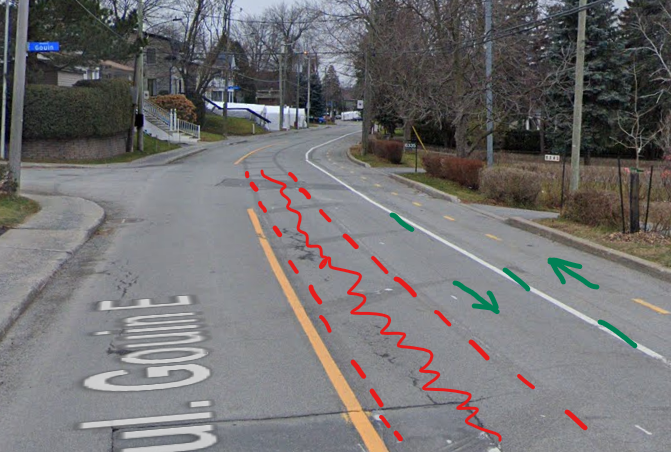 Rue avec une étroite bande cyclable, et des lignes dessinées représentant l'emplacement de la piste très temporaire en 2020.